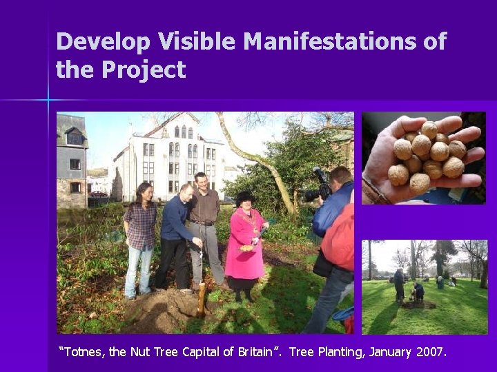 Develop Visible Manifestations of the Project “Totnes, the Nut Tree Capital of Britain”. Tree