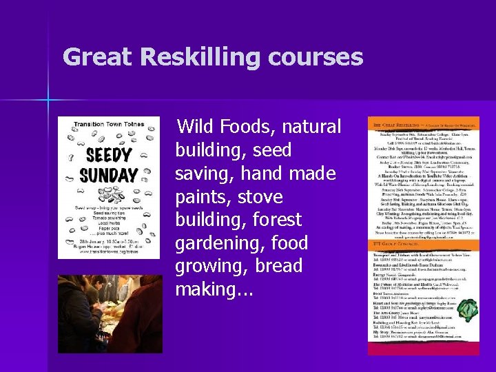 Great Reskilling courses Wild Foods, natural building, seed saving, hand made paints, stove building,