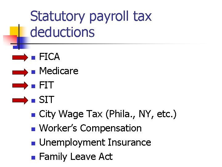 Statutory payroll tax deductions n n n n FICA Medicare FIT SIT City Wage