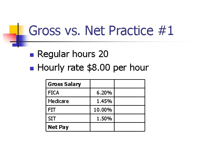 Gross vs. Net Practice #1 n n Regular hours 20 Hourly rate $8. 00