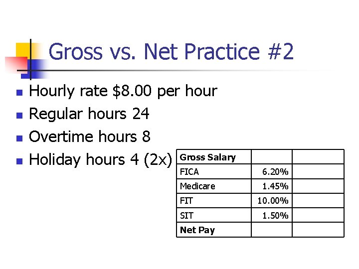 Gross vs. Net Practice #2 n n Hourly rate $8. 00 per hour Regular