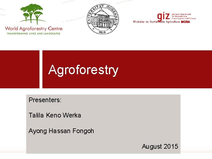 Modules on Sustainable Agriculture MOSA Agroforestry Presenters: Talila Keno Werka Ayong Hassan Fongoh August