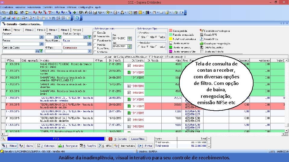 Tela de consulta de contas a receber, com diversas opções de filtro. Com opção