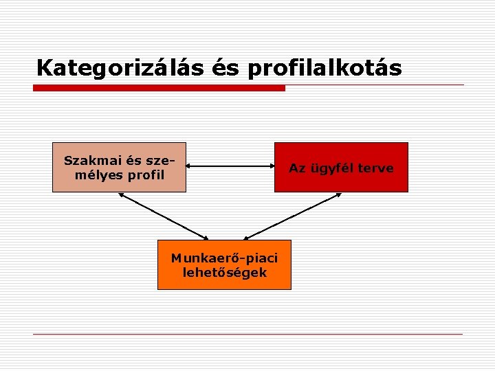 Kategorizálás és profilalkotás Szakmai és személyes profil Munkaerő-piaci lehetőségek Az ügyfél terve 