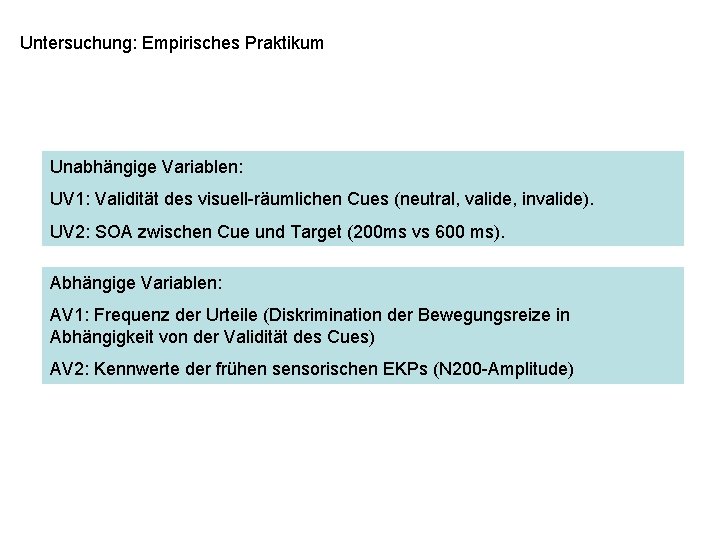 Untersuchung: Empirisches Praktikum Unabhängige Variablen: UV 1: Validität des visuell-räumlichen Cues (neutral, valide, invalide).