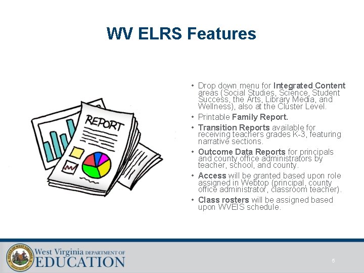 WV ELRS Features • Drop down menu for Integrated Content areas (Social Studies, Science,