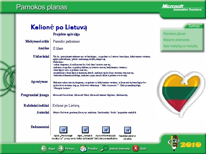 Kelionė po Lietuvą Projekto apžvalga Mokymosi sritis Amžius Uždaviniai Aprašymas Programinė įranga Raktiniai žodžiai