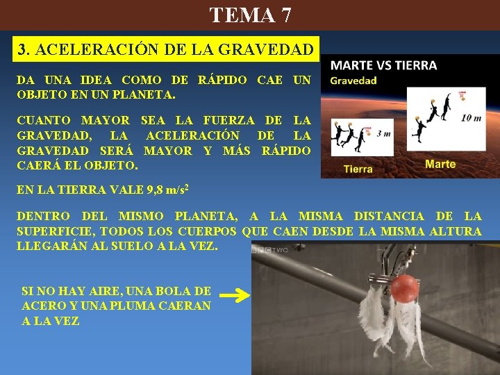 TEMA 7 3. ACELERACIÓN DE LA GRAVEDAD DA UNA IDEA COMO DE RÁPIDO CAE TEMA 7 3. ACELERACIÓN DE LA GRAVEDAD DA UNA IDEA COMO DE RÁPIDO CAE