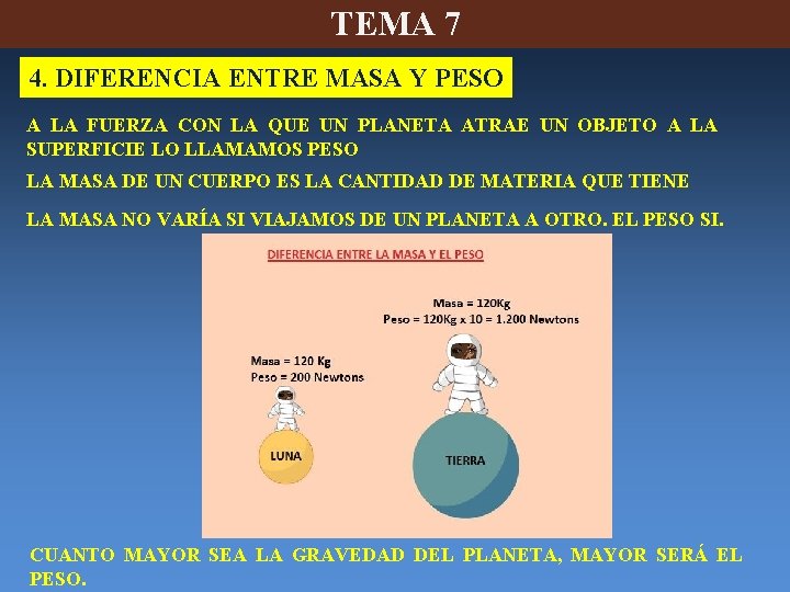 TEMA 7 4. DIFERENCIA ENTRE MASA Y PESO A LA FUERZA CON LA QUE TEMA 7 4. DIFERENCIA ENTRE MASA Y PESO A LA FUERZA CON LA QUE
