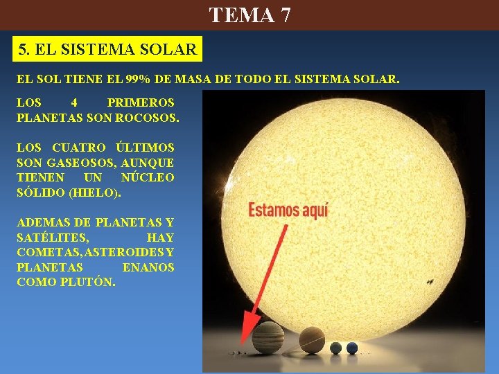 TEMA 7 5. EL SISTEMA SOLAR EL SOL TIENE EL 99% DE MASA DE TEMA 7 5. EL SISTEMA SOLAR EL SOL TIENE EL 99% DE MASA DE