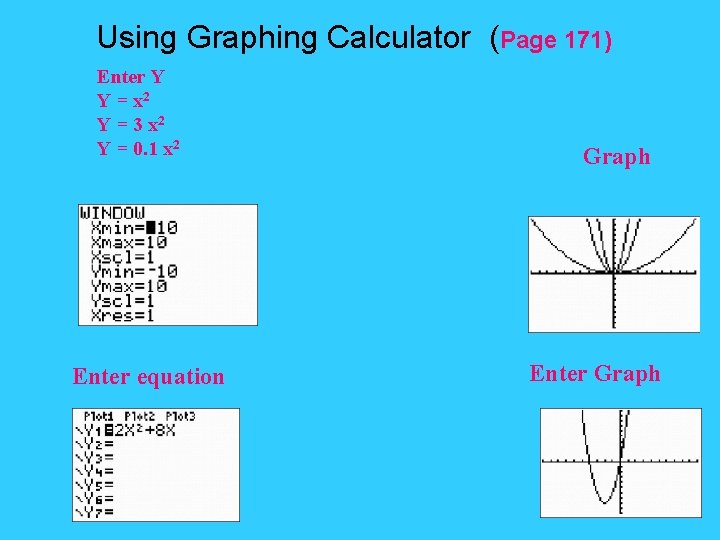 Using Graphing Calculator (Page 171) Enter Y Y = x 2 Y = 3