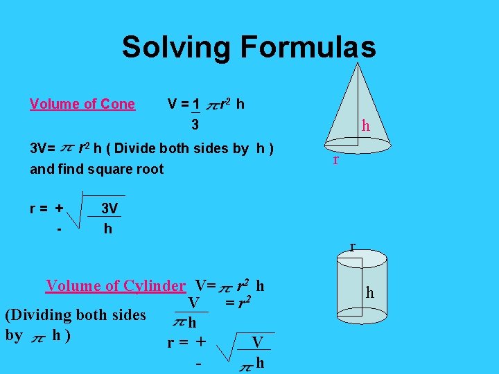 Solving Formulas Volume of Cone V=1 r 2 h h 3 3 V= r