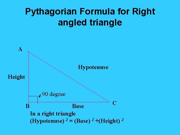 Pythagorian Formula for Right angled triangle A Hypotenuse Height 90 degree B C Base