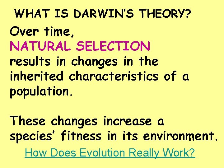 WHAT IS DARWIN’S THEORY? Over time, NATURAL SELECTION results in changes in the inherited