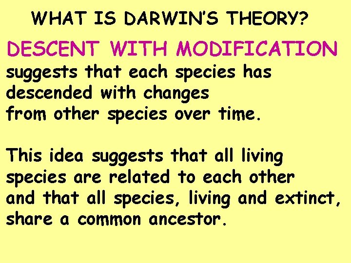 WHAT IS DARWIN’S THEORY? DESCENT WITH MODIFICATION suggests that each species has descended with