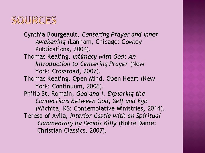 Cynthia Bourgeault, Centering Prayer and Inner Awakening (Lanham, Chicago: Cowley Publications, 2004). Thomas Keating,
