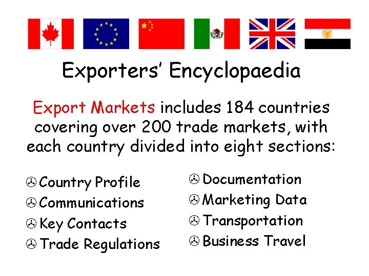 Exporters’ Encyclopaedia Export Markets includes 184 countries covering over 200 trade markets, with each