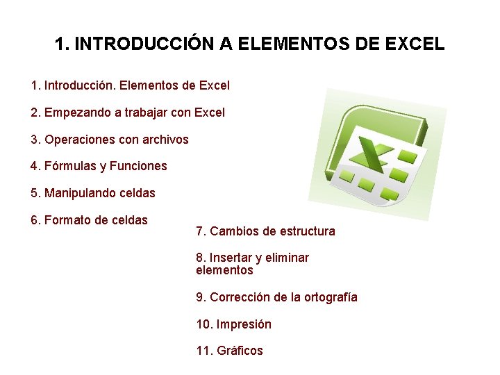 1. INTRODUCCIÓN A ELEMENTOS DE EXCEL 1. Introducción. Elementos de Excel 2. Empezando a