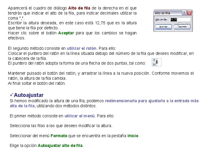 Aparecerá el cuadro de diálogo Alto de fila derecha en el que tendrás que