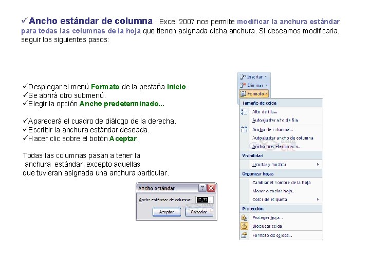 üAncho estándar de columna Excel 2007 nos permite modificar la anchura estándar para todas