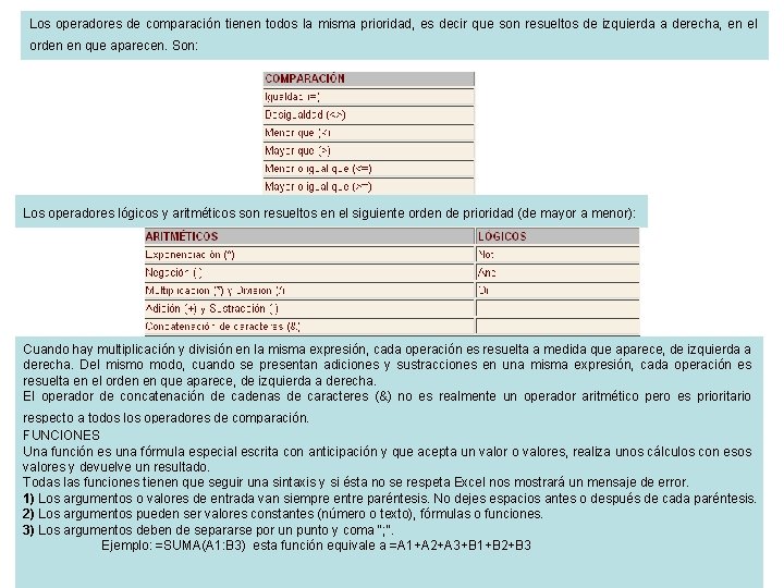 Los operadores de comparación tienen todos la misma prioridad, es decir que son resueltos