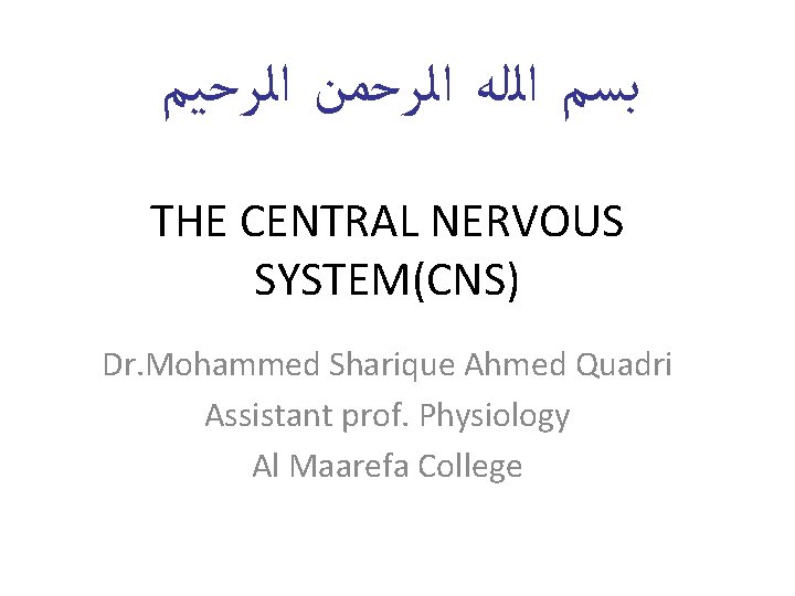  ﺑﺴﻢ ﺍﻟﻠﻪ ﺍﻟﺮﺣﻤﻦ ﺍﻟﺮﺣﻴﻢ THE CENTRAL NERVOUS SYSTEM(CNS) Dr. Mohammed Sharique Ahmed Quadri