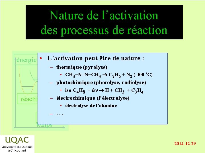 Nature de l’activation des processus de réaction énergie • L’activation peut être de nature