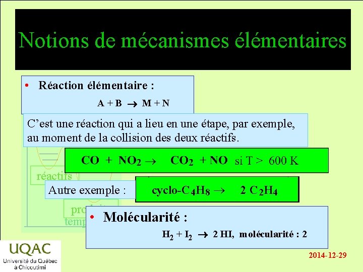 Notions de mécanismes élémentaires • Réaction élémentaire : A+B M+N énergie C’est une réaction