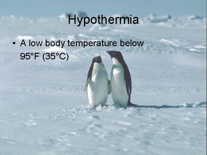 Hypothermia • A low body temperature below 95°F (35°C) 