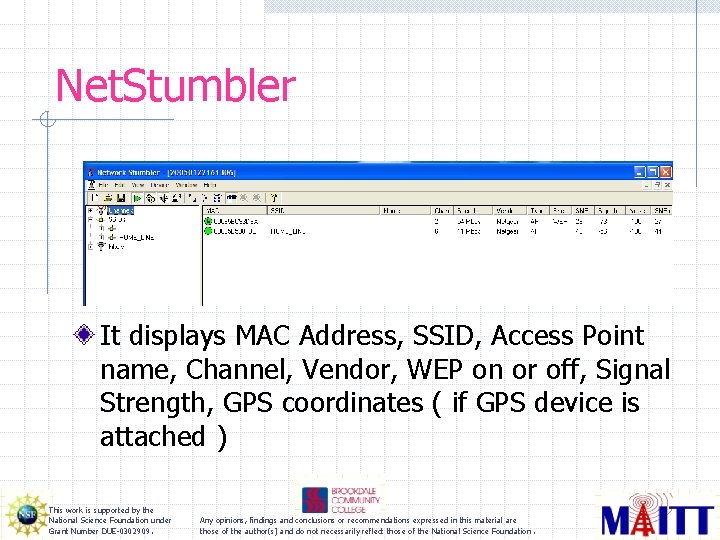 Net. Stumbler It displays MAC Address, SSID, Access Point name, Channel, Vendor, WEP on