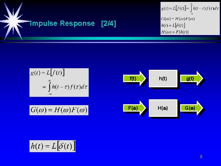 Impulse Response [2/4] f(t) h(t) g(t) F( ) H( ) G( ) 9 