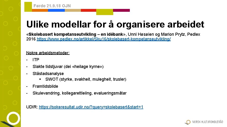 Førde 21. 9. 18 OJN Ulike modellar for å organisere arbeidet «Skolebasert kompetanseutvikling –
