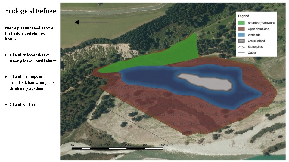 Ecological Refuge Native plantings and habitat for birds, invertebrates, lizards 1 ha of re-located/new