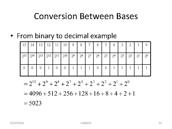 Conversion Between Bases • From binary to decimal example 15 10 9 8 7