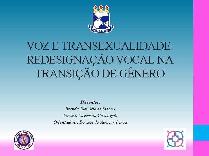 VOZ E TRANSEXUALIDADE: REDESIGNAÇÃO VOCAL NA TRANSIÇÃO DE GÊNERO Discentes: Brenda Elen Nunes Lisboa