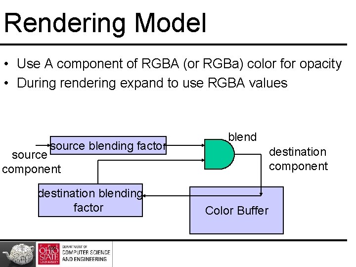 Rendering Model • Use A component of RGBA (or RGBa) color for opacity •
