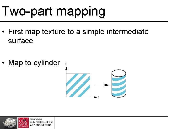 Two-part mapping • First map texture to a simple intermediate surface • Map to
