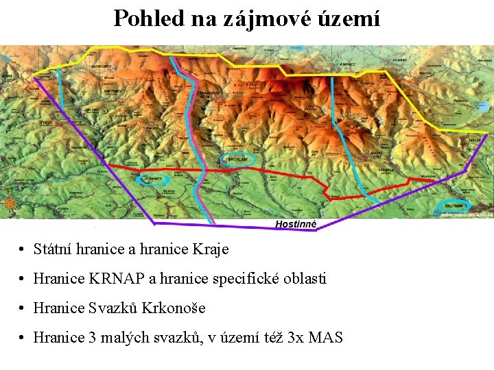 Pohled na zájmové území • Státní hranice a hranice Kraje • Hranice KRNAP a