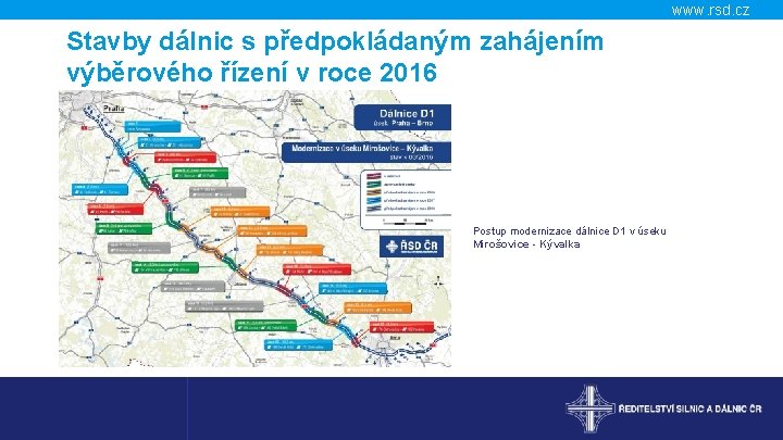 www. rsd. cz Stavby dálnic s předpokládaným zahájením výběrového řízení v roce 2016 Postup