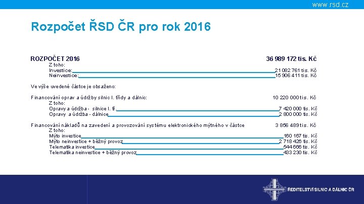 www. rsd. cz Rozpočet ŘSD ČR pro rok 2016 ROZPOČET 2016 Z toho: Investice: