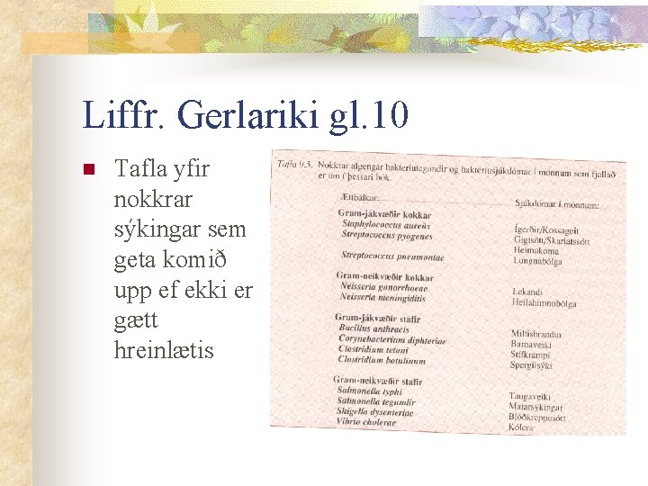 Liffr. Gerlariki gl. 10 n Tafla yfir nokkrar sýkingar sem geta komið upp ef Liffr. Gerlariki gl. 10 n Tafla yfir nokkrar sýkingar sem geta komið upp ef