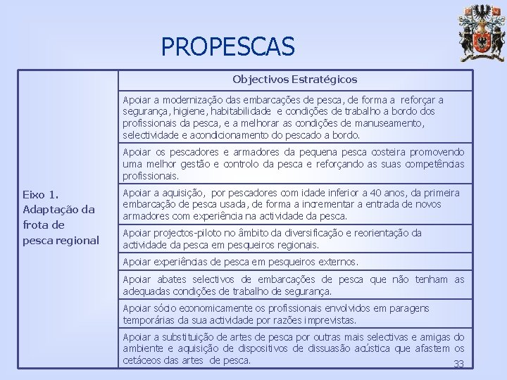 PROPESCAS Objectivos Estratégicos Apoiar a modernização das embarcações de pesca, de forma a reforçar