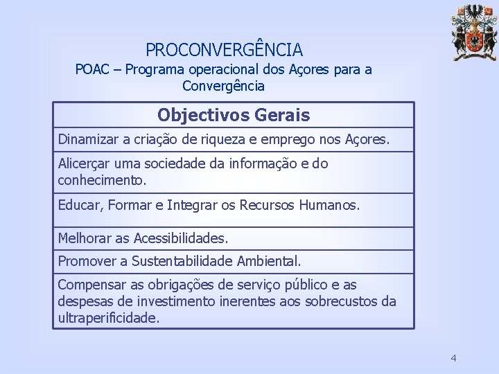 PROCONVERGÊNCIA POAC – Programa operacional dos Açores para a Convergência Objectivos Gerais Dinamizar a