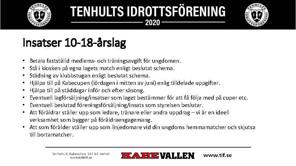Insatser 10 -18 -årslag Betala fastställd medlems- och träningsavgift för ungdomen. Stå i kiosken