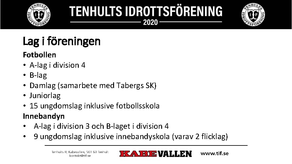 Lag i föreningen Fotbollen • A-lag i division 4 • B-lag • Damlag (samarbete