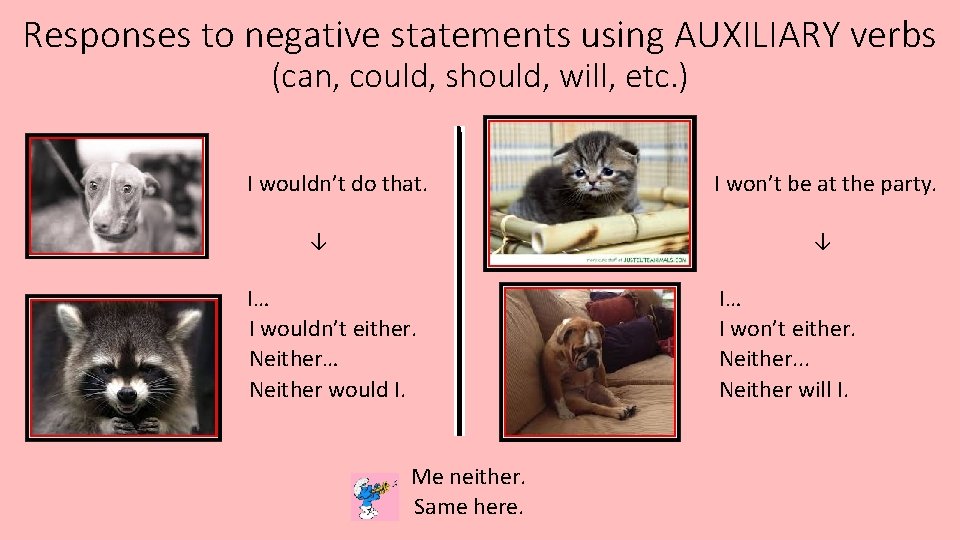Responses to negative statements using AUXILIARY verbs (can, could, should, will, etc. ) I