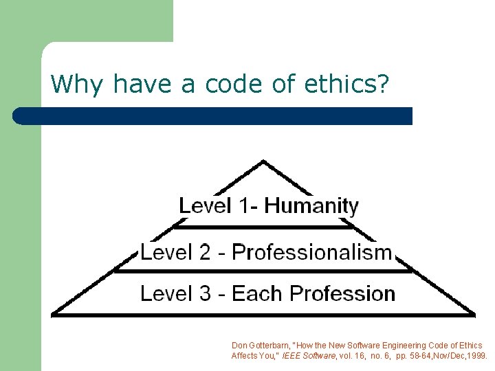 Why have a code of ethics? Don Gotterbarn, "How the New Software Engineering Code