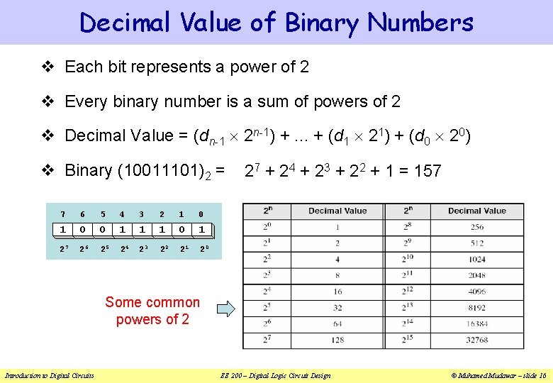 Decimal Value of Binary Numbers v Each bit represents a power of 2 v