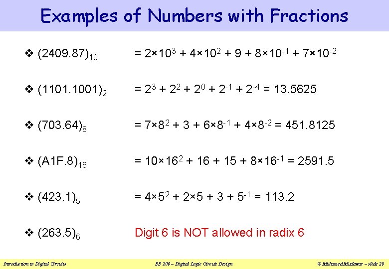 Examples of Numbers with Fractions v (2409. 87)10 = 2× 103 + 4× 102