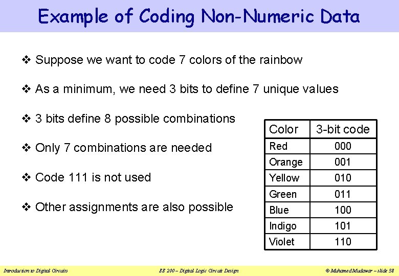 Example of Coding Non-Numeric Data v Suppose we want to code 7 colors of